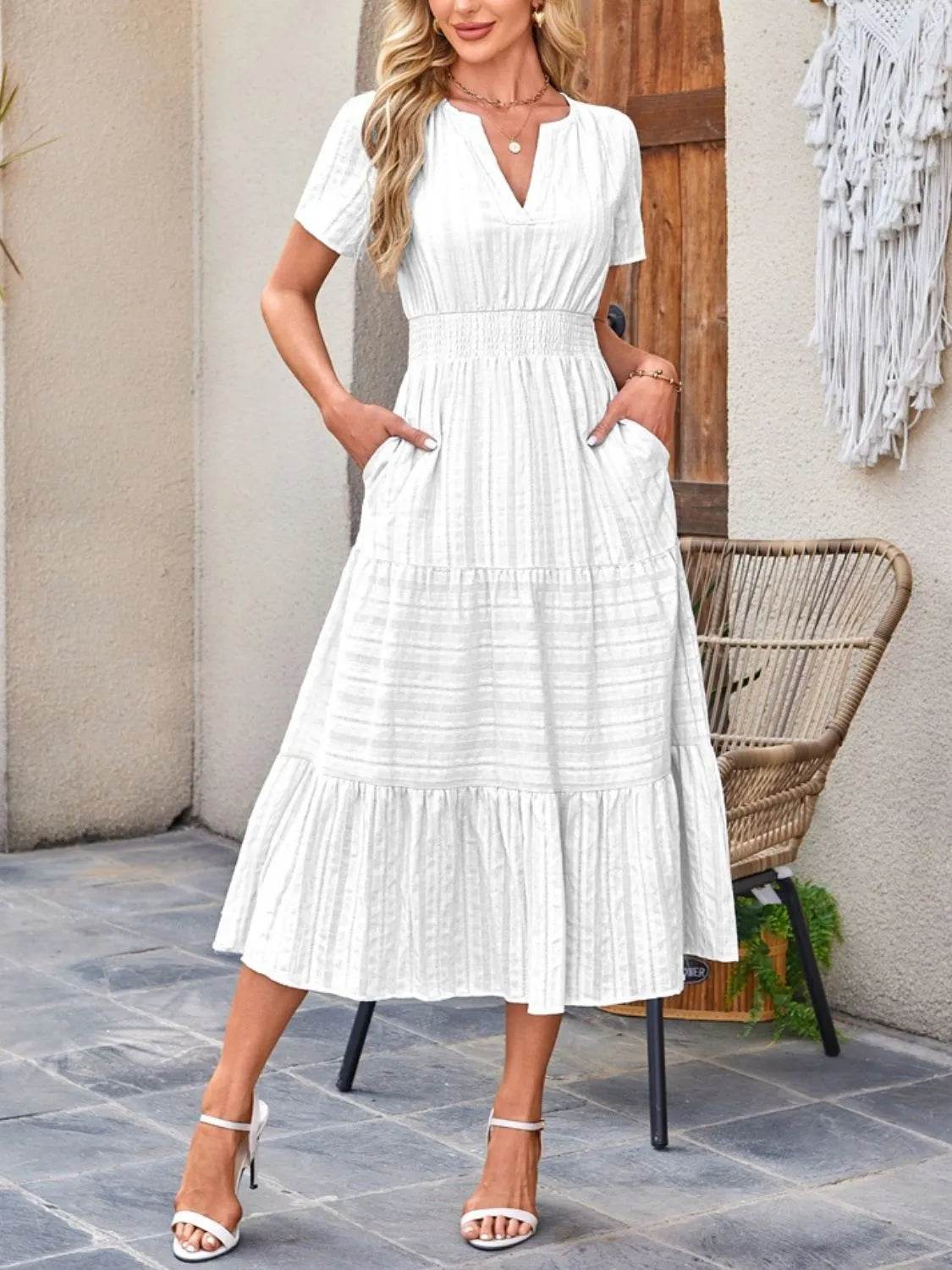 Notched Neckline Tiered Short Sleeve Midi Dress - MARIGOLD