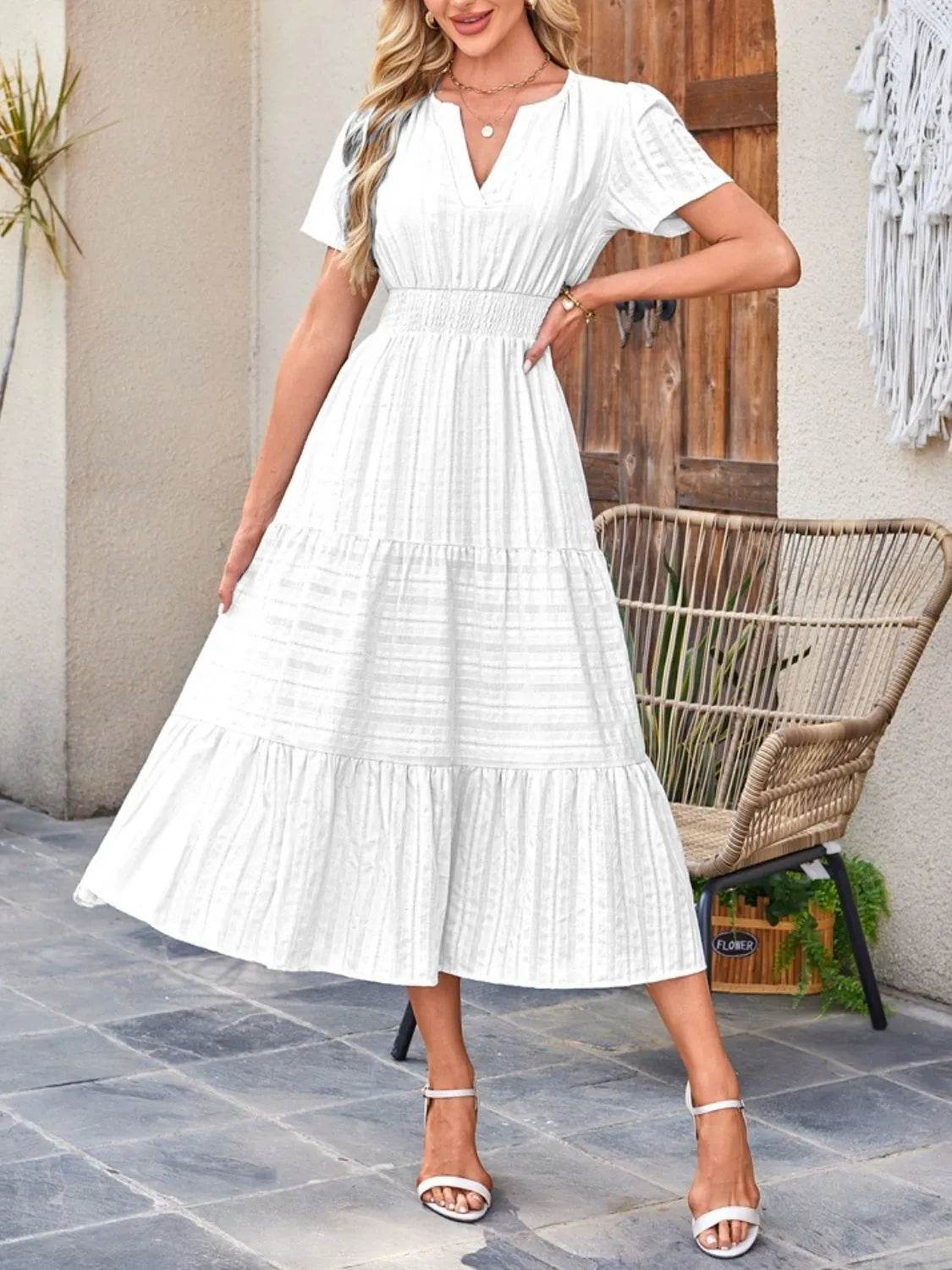 Notched Neckline Tiered Short Sleeve Midi Dress - MARIGOLD