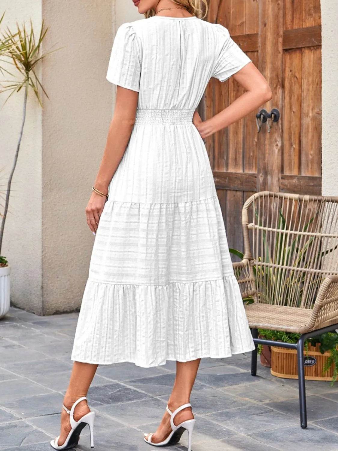 Notched Neckline Tiered Short Sleeve Midi Dress - MARIGOLD