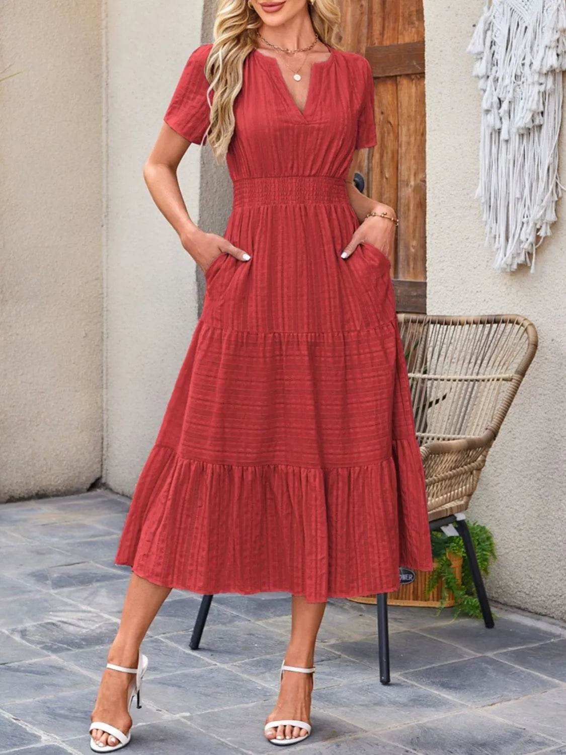 Notched Neckline Tiered Short Sleeve Midi Dress - MARIGOLD