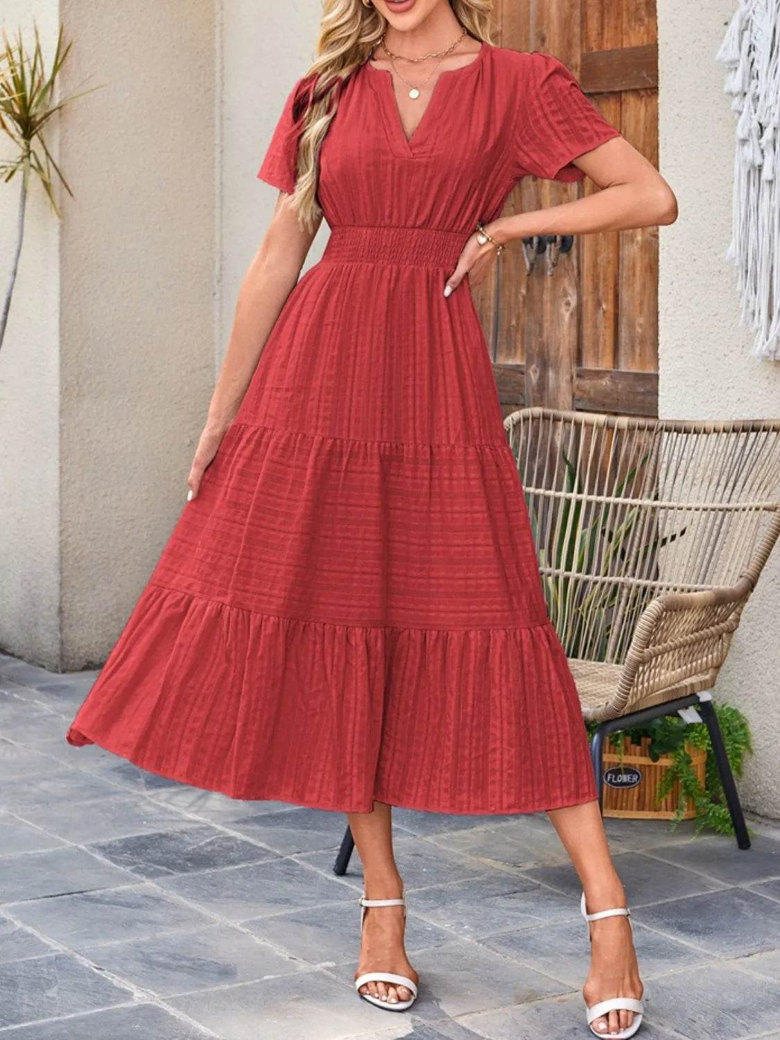 Notched Neckline Tiered Short Sleeve Midi Dress - MARIGOLD
