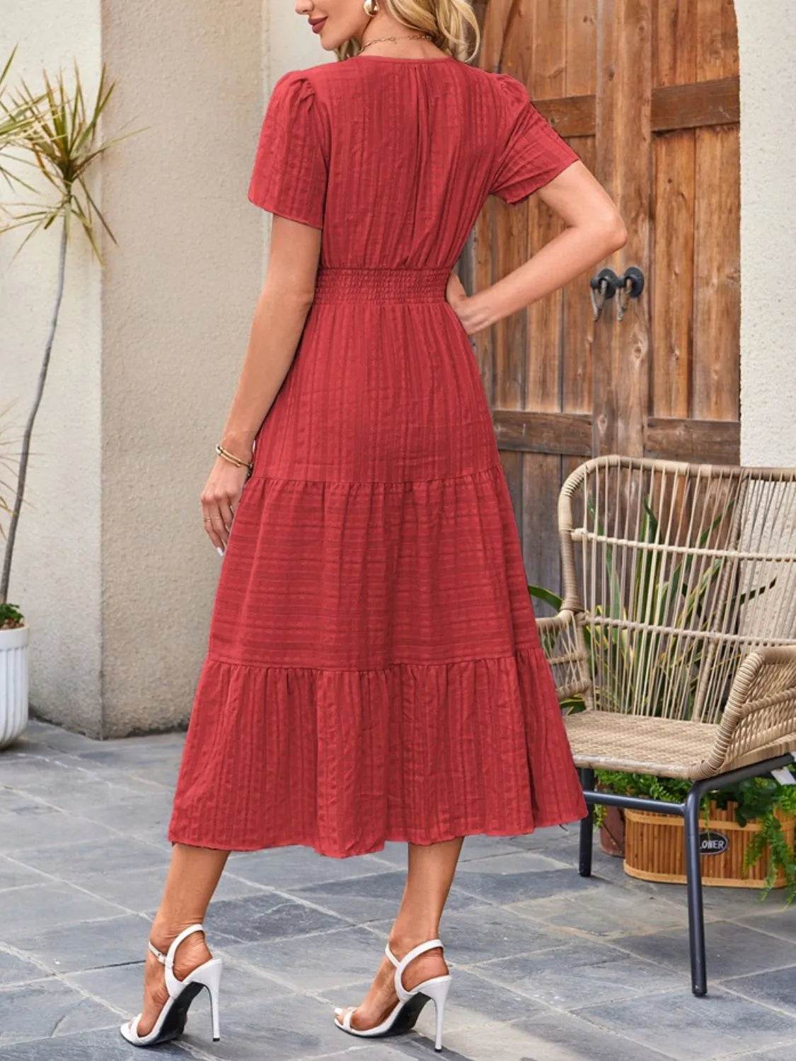 Notched Neckline Tiered Short Sleeve Midi Dress - MARIGOLD