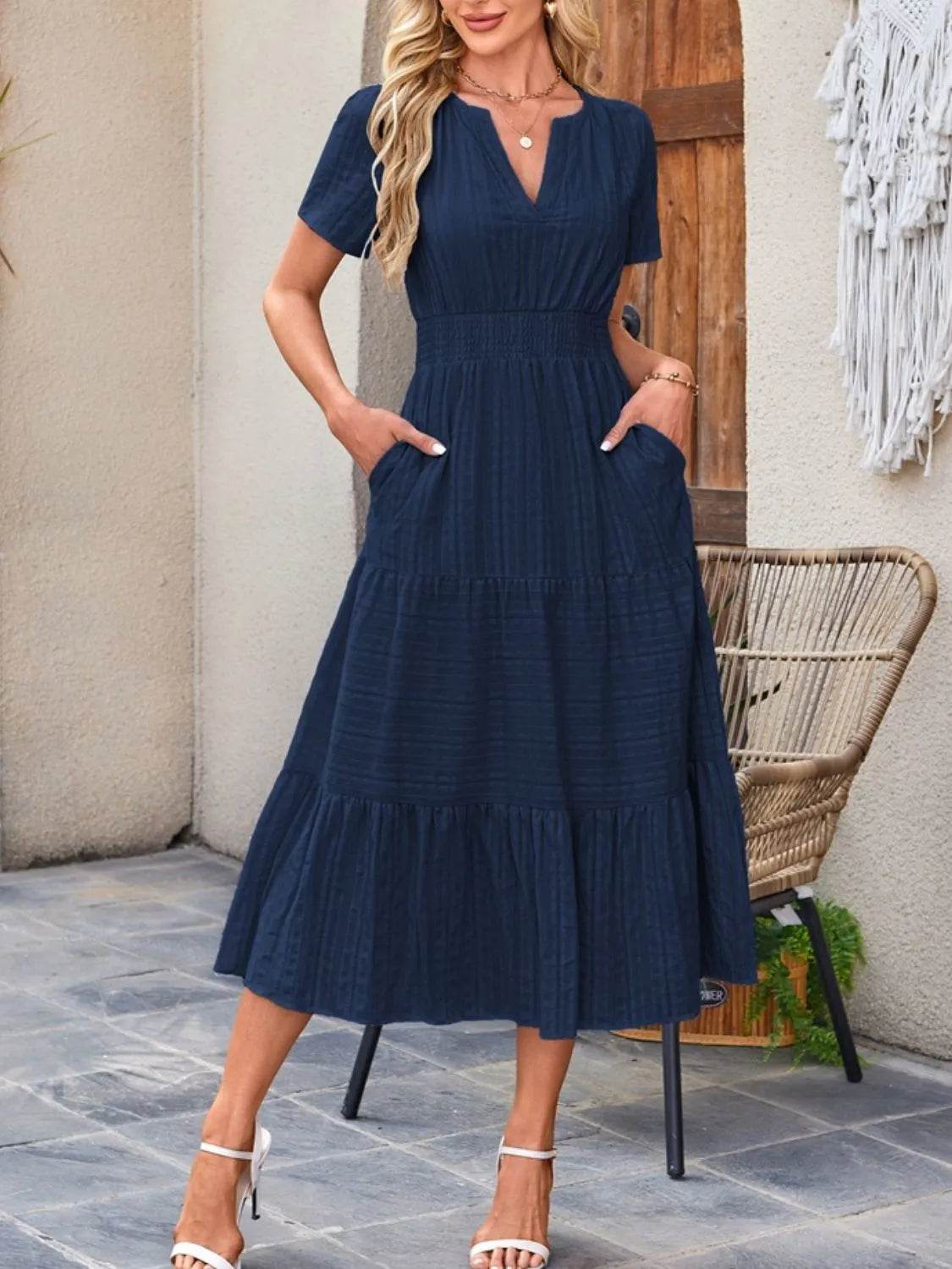 Notched Neckline Tiered Short Sleeve Midi Dress - MARIGOLD