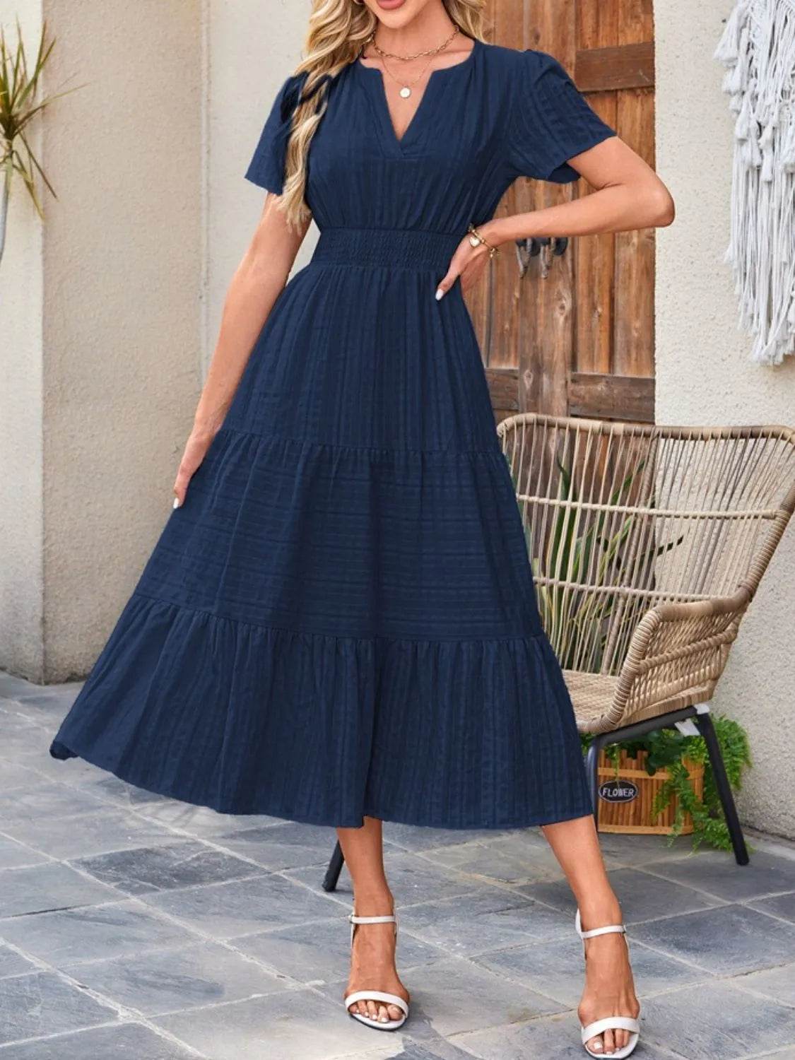 Notched Neckline Tiered Short Sleeve Midi Dress - MARIGOLD