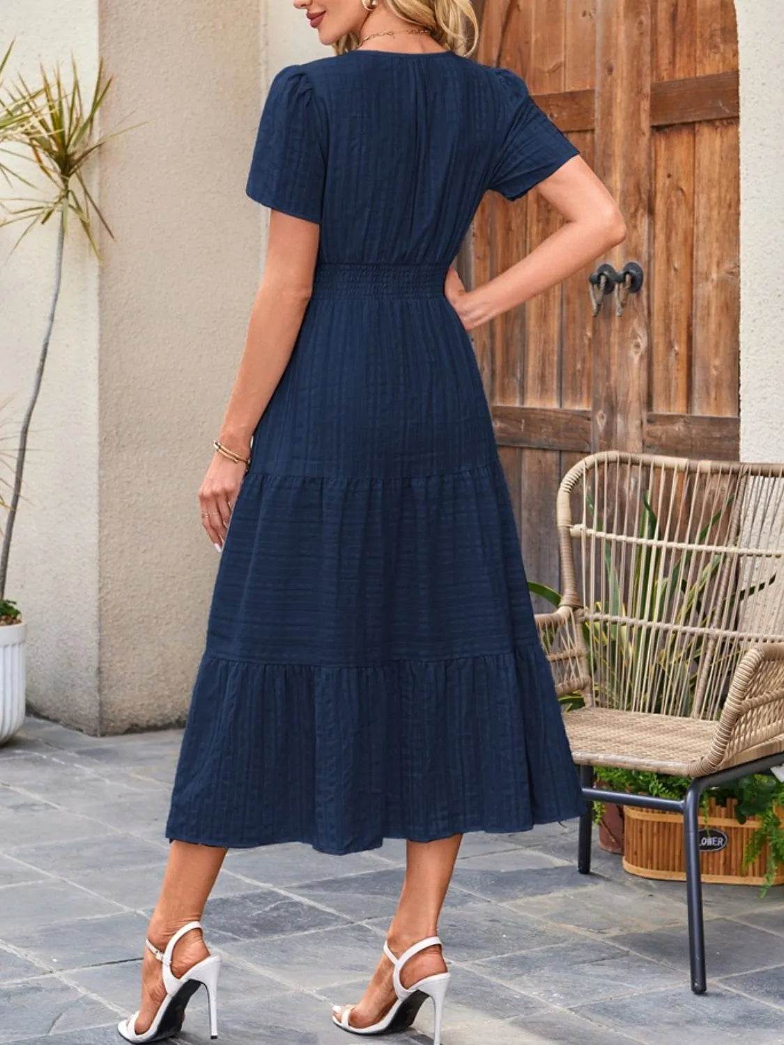 Notched Neckline Tiered Short Sleeve Midi Dress - MARIGOLD