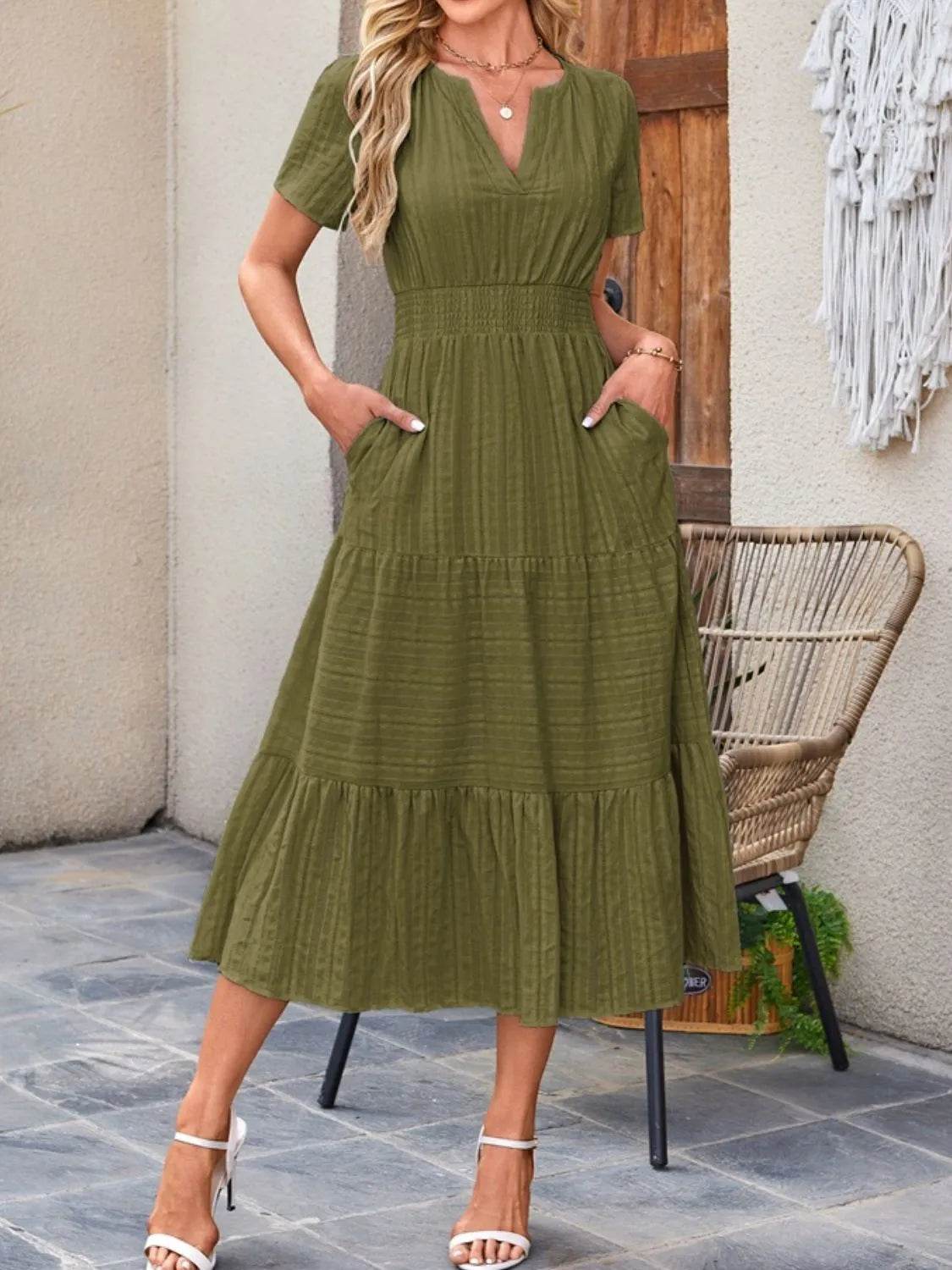 Notched Neckline Tiered Short Sleeve Midi Dress - MARIGOLD
