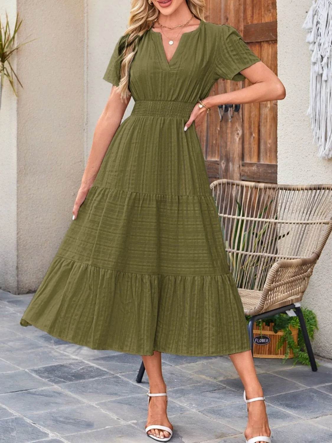 Notched Neckline Tiered Short Sleeve Midi Dress - MARIGOLD
