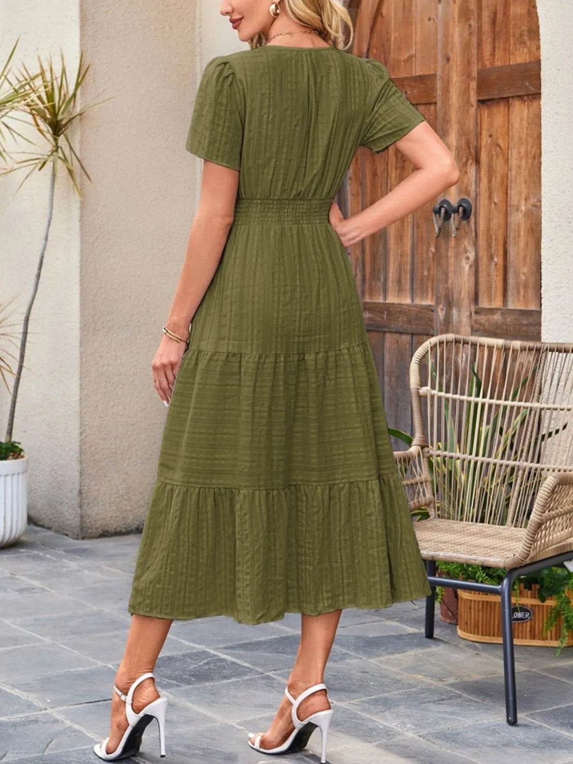 Notched Neckline Tiered Short Sleeve Midi Dress - MARIGOLD