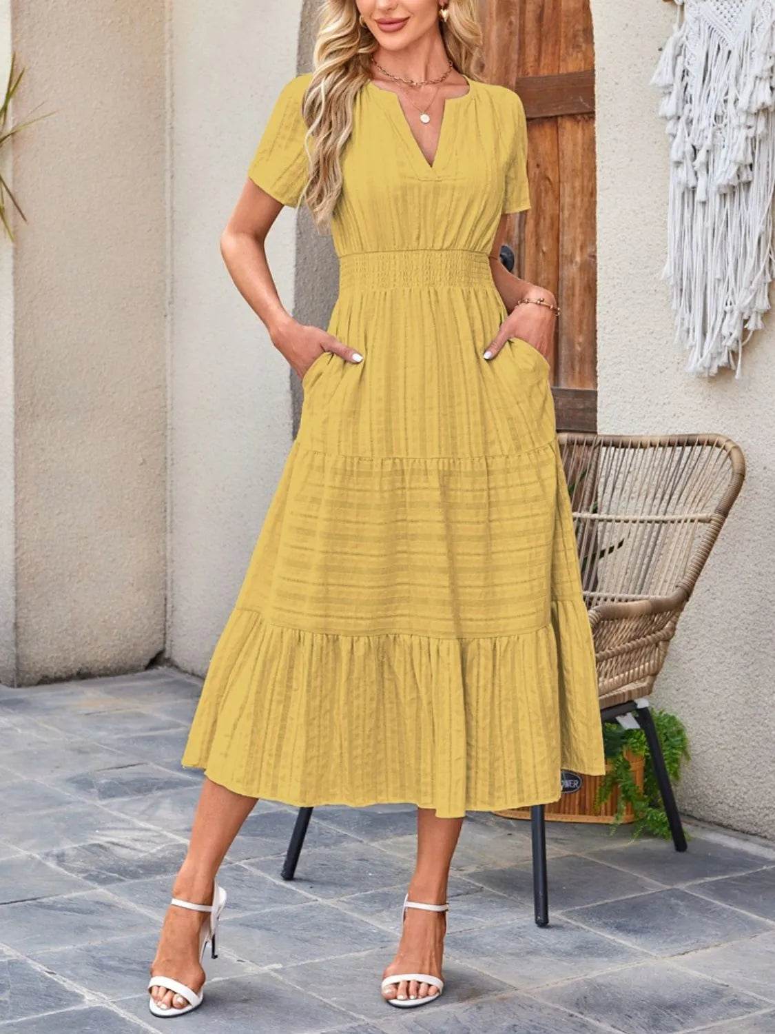 Notched Neckline Tiered Short Sleeve Midi Dress - MARIGOLD