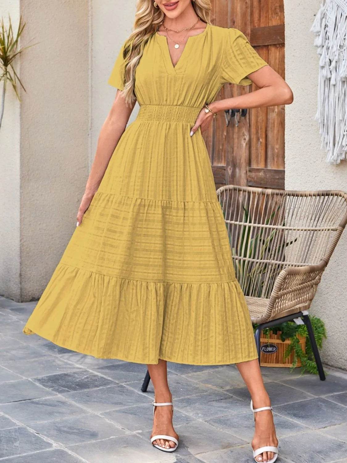 Notched Neckline Tiered Short Sleeve Midi Dress - MARIGOLD