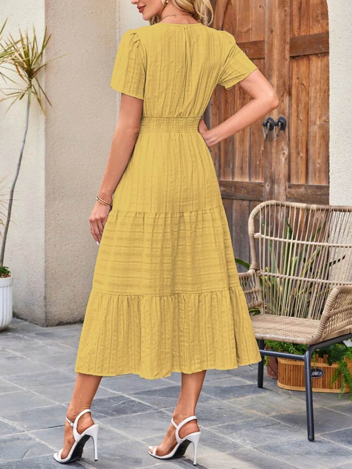 Notched Neckline Tiered Short Sleeve Midi Dress - MARIGOLD