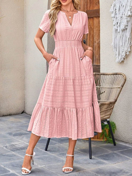 Notched Neckline Tiered Short Sleeve Midi Dress - MARIGOLD