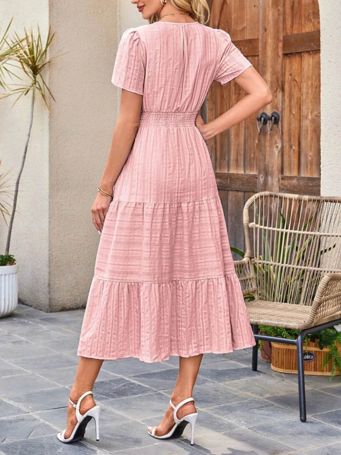 Notched Neckline Tiered Short Sleeve Midi Dress - MARIGOLD