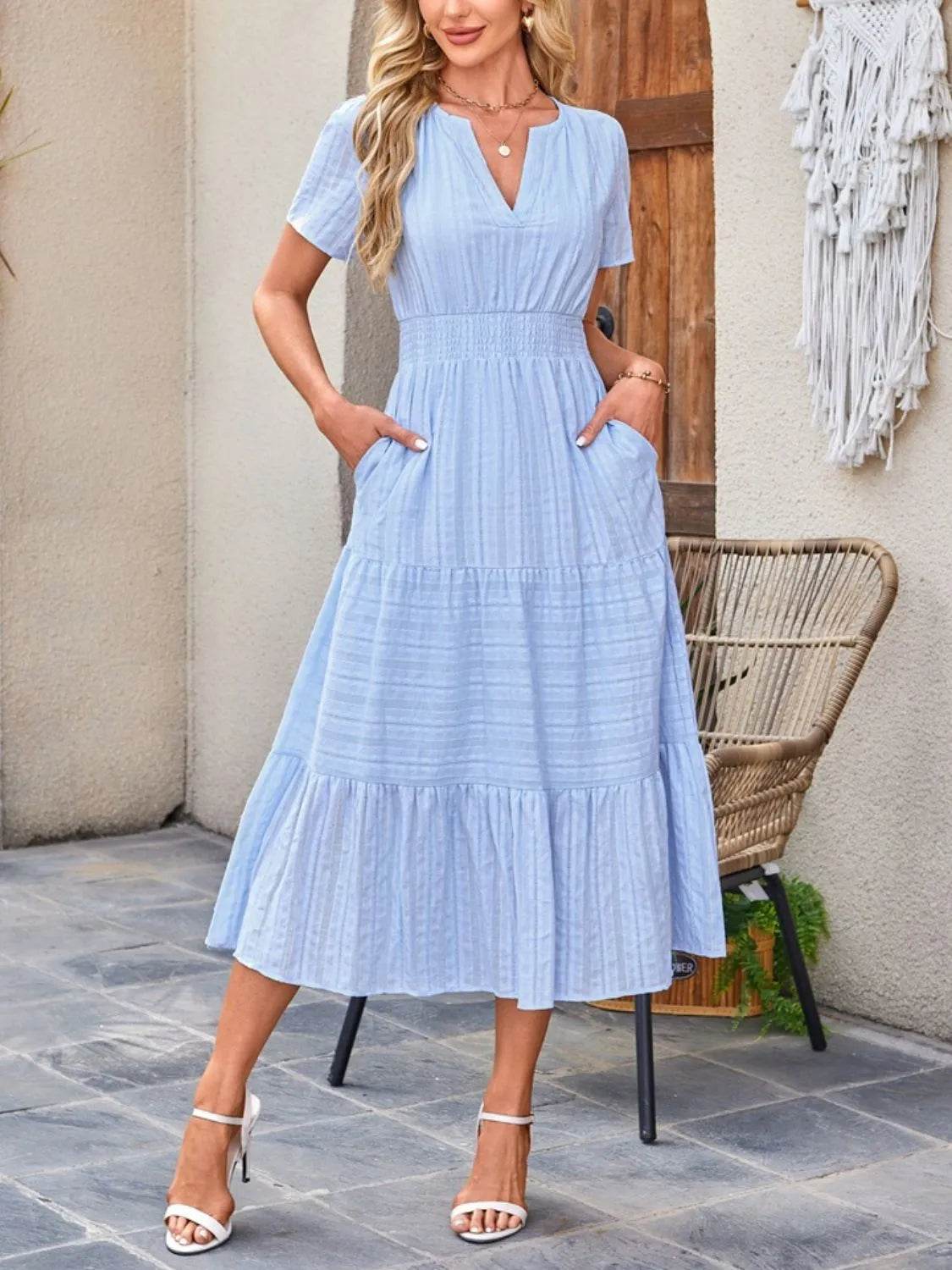 Notched Neckline Tiered Short Sleeve Midi Dress - MARIGOLD