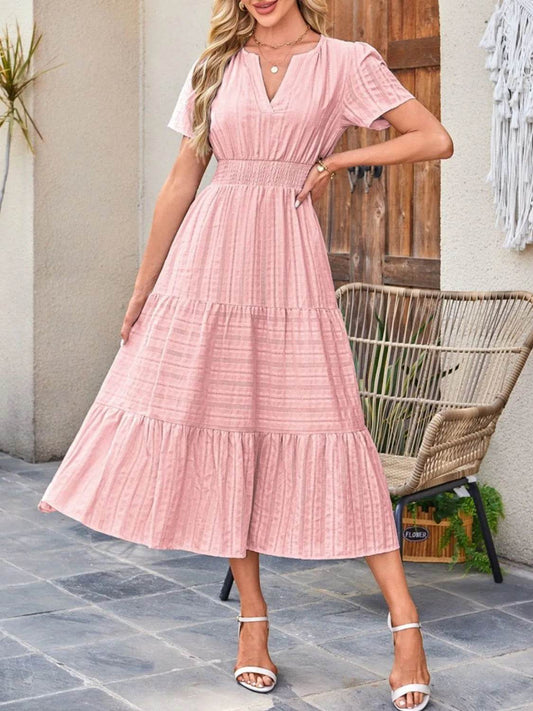 Notched Neckline Tiered Short Sleeve Midi Dress - MARIGOLD