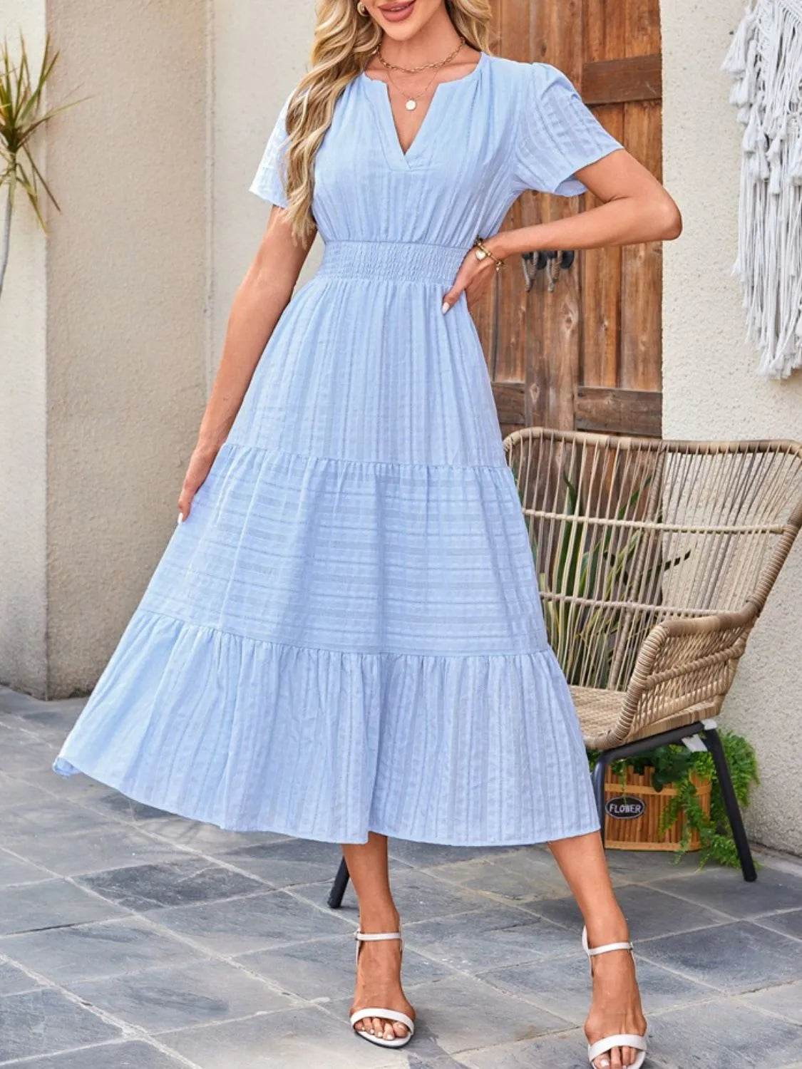 Notched Neckline Tiered Short Sleeve Midi Dress - MARIGOLD
