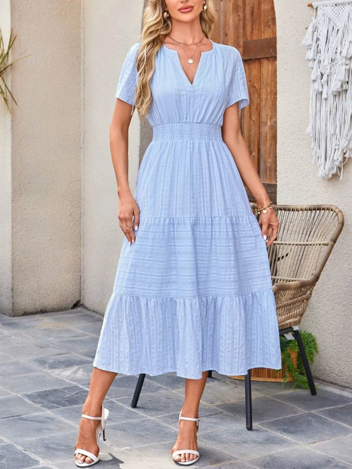 Notched Neckline Tiered Short Sleeve Midi Dress - MARIGOLD