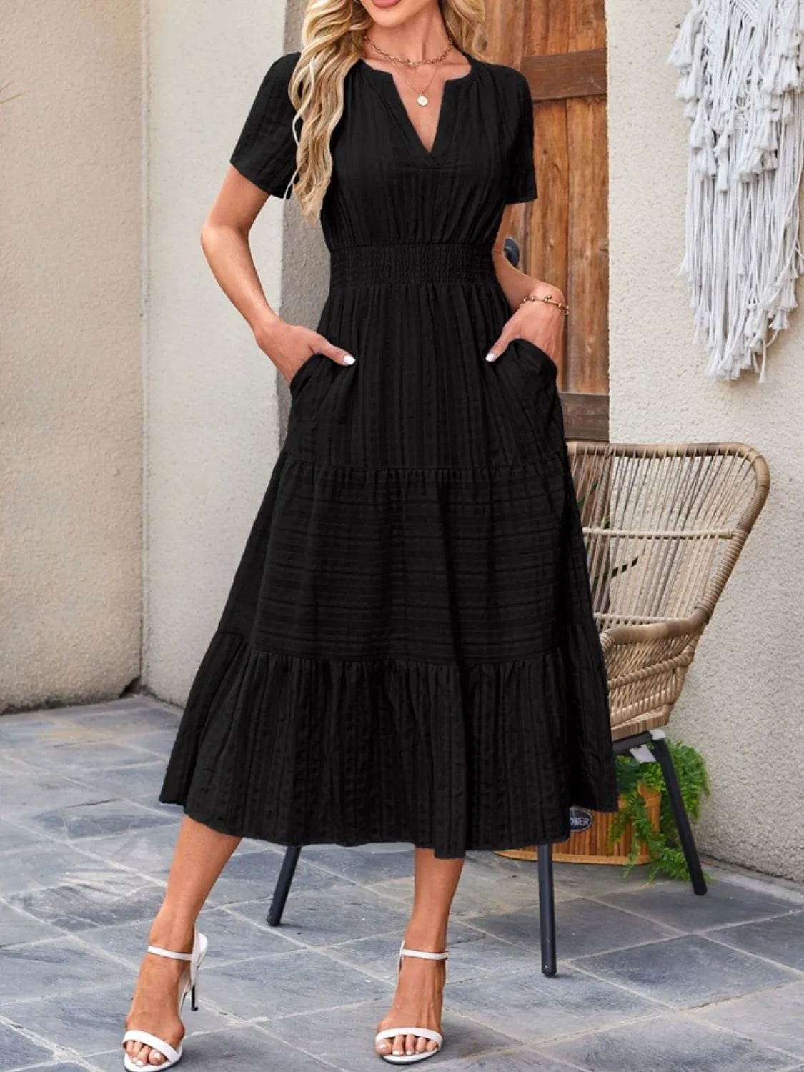 Notched Neckline Tiered Short Sleeve Midi Dress - MARIGOLD
