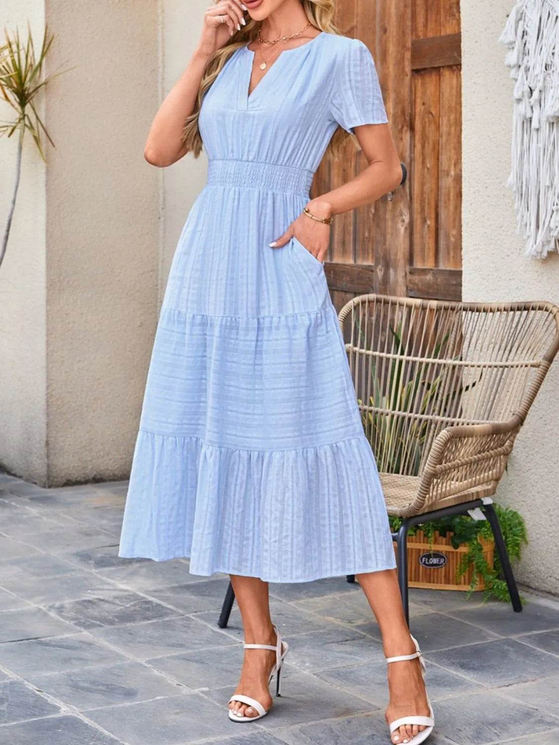 Notched Neckline Tiered Short Sleeve Midi Dress - MARIGOLD