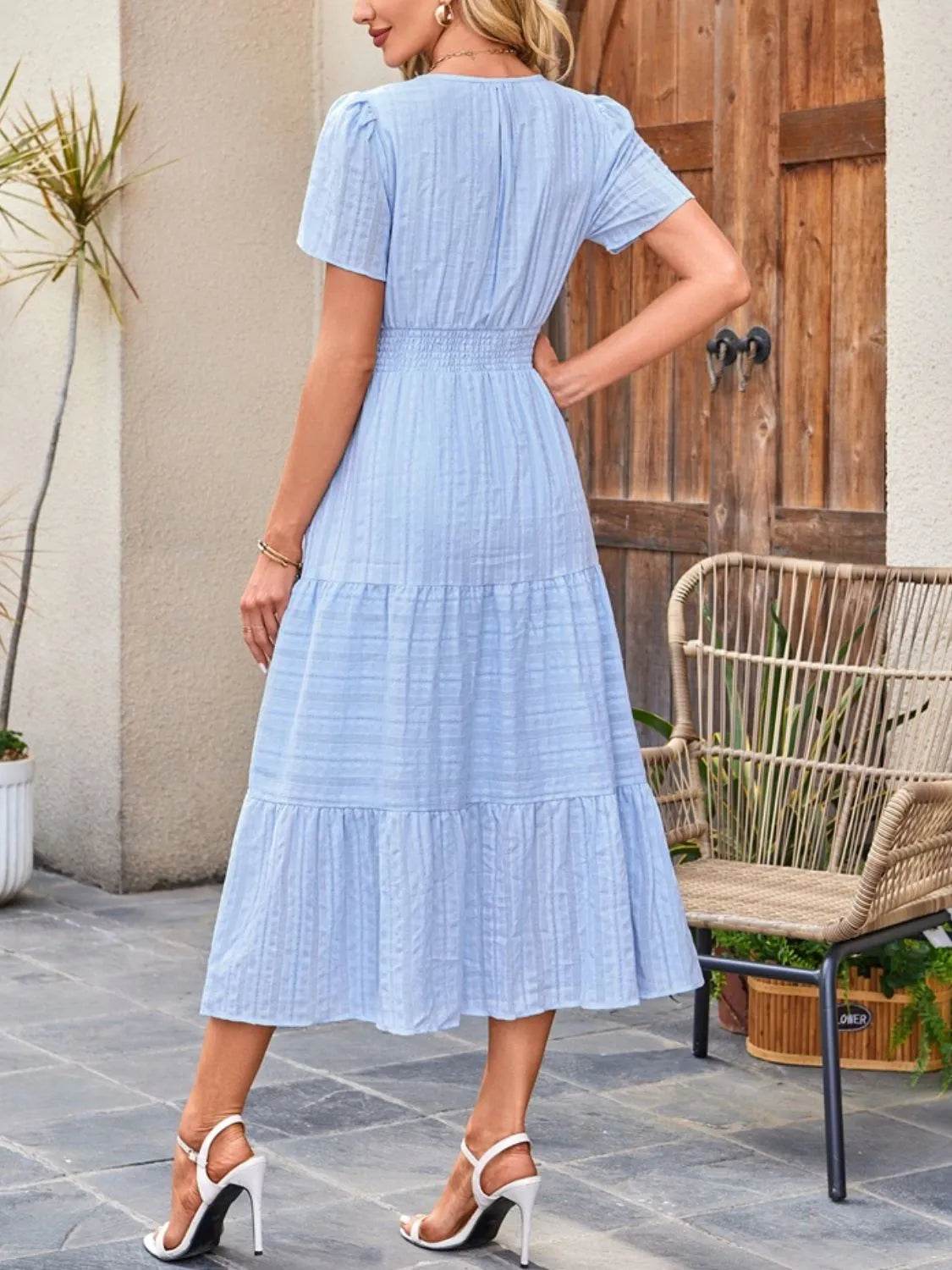 Notched Neckline Tiered Short Sleeve Midi Dress - MARIGOLD