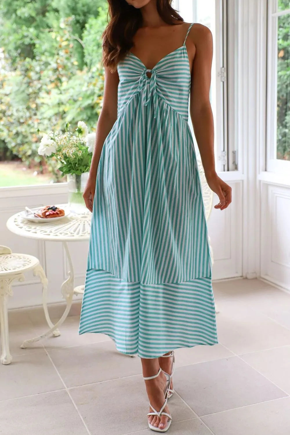 Striped Smocked Back Tie-Closure Midi Cami Dress