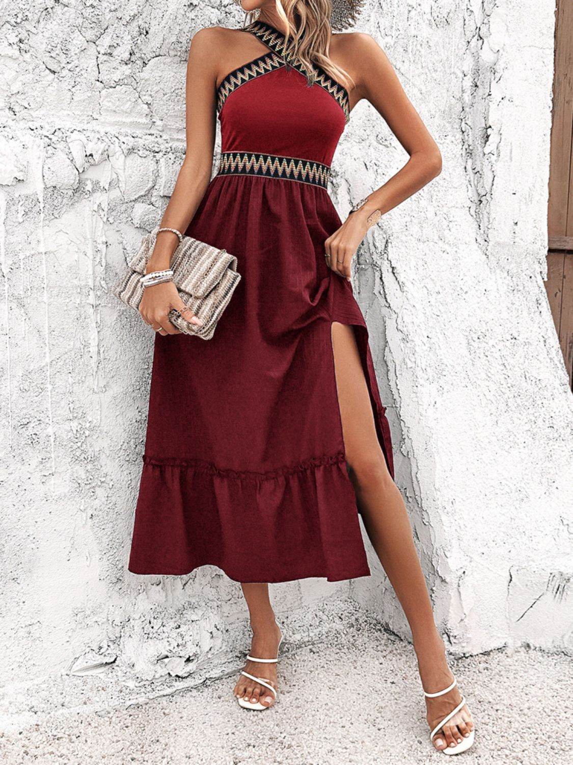 Halter Neck Ruffle Hem Midi Dress - MARIGOLD