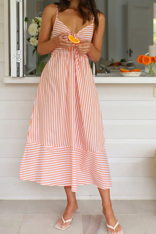 Striped Smocked Back Tie-Closure Midi Cami Dress coral