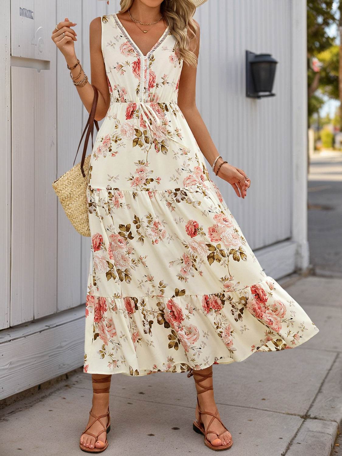 Floral V-Neck Ruffled Hem Midi Dress - MARIGOLD