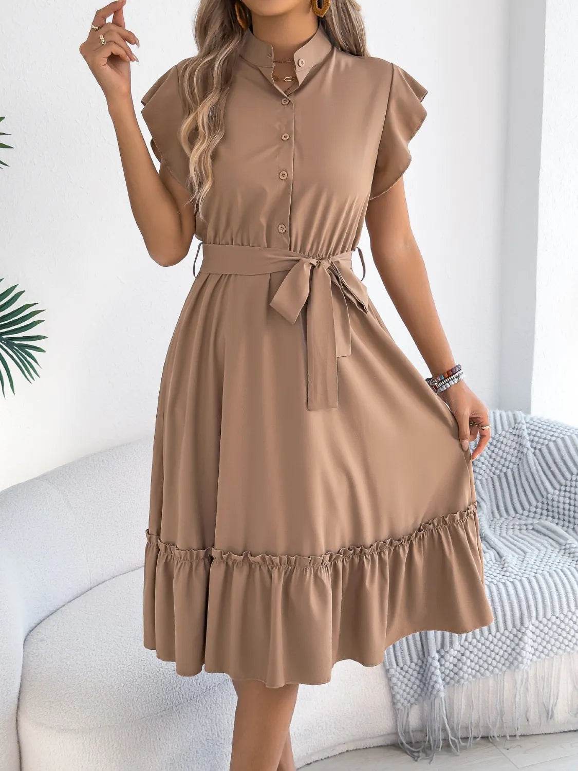 Collared Tie-waist Ruffle-hem Midi Dress - MARIGOLD