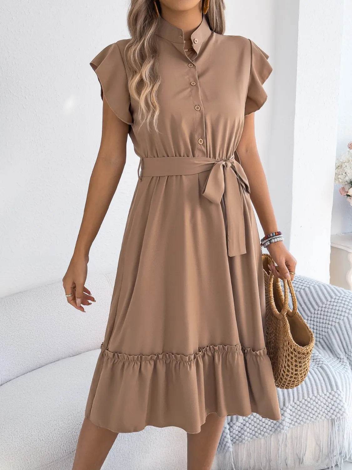 Collared Tie-waist Ruffle-hem Midi Dress - MARIGOLD