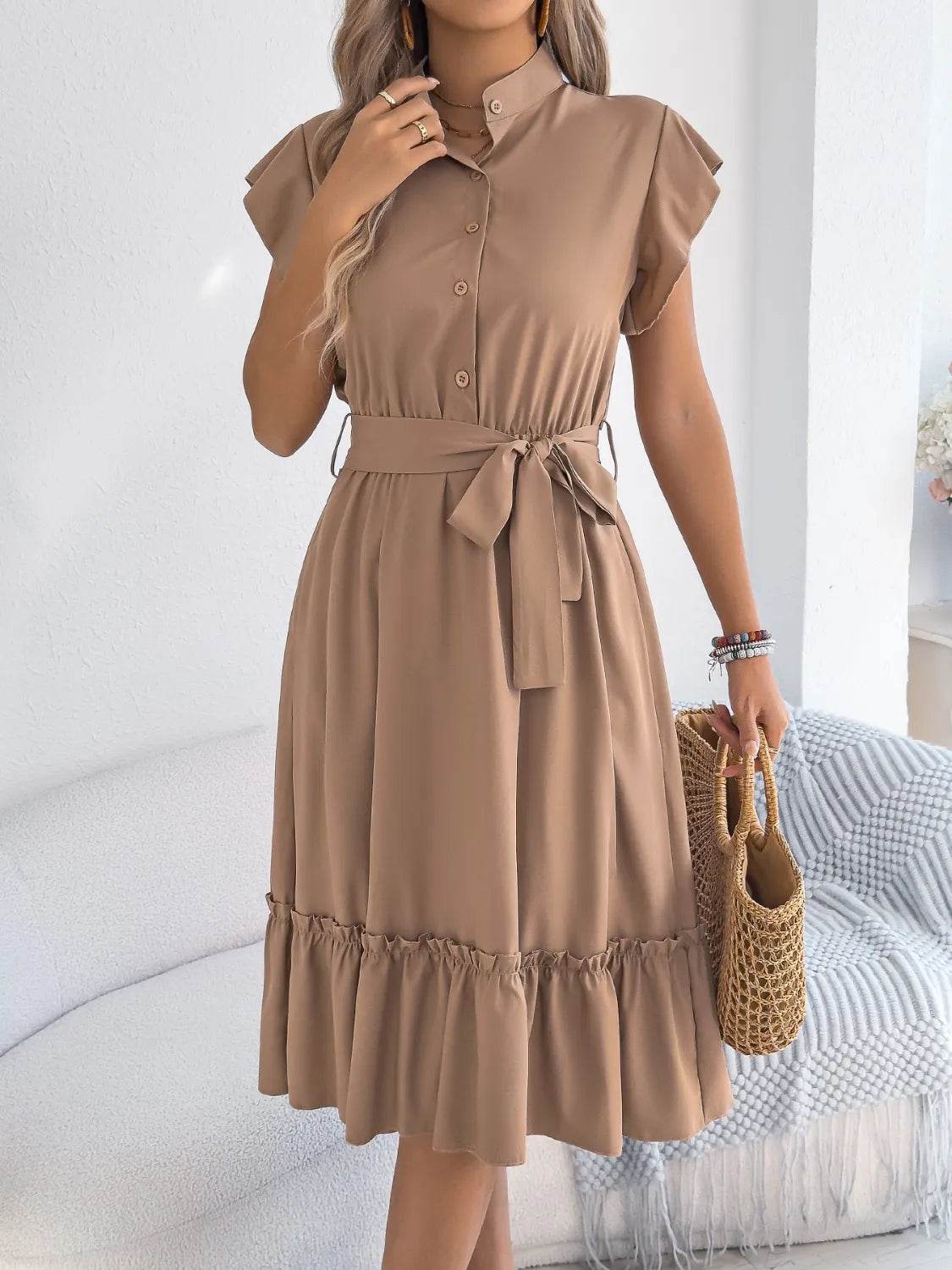 Collared Tie-waist Ruffle-hem Midi Dress - MARIGOLD