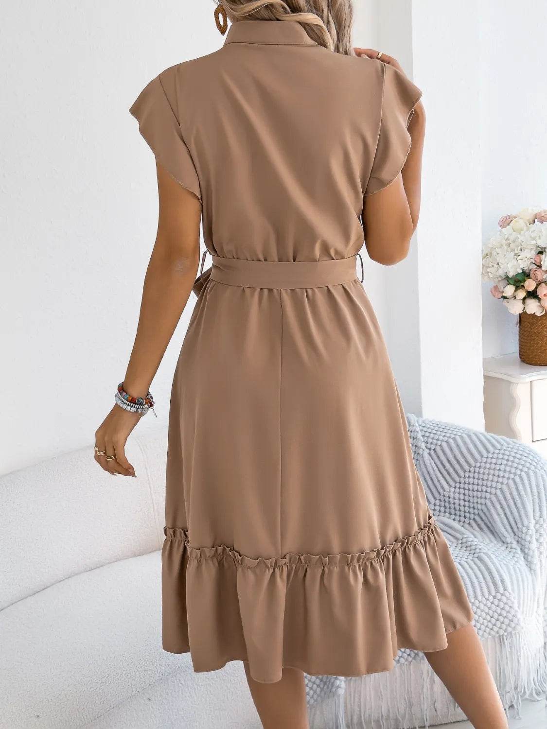 Collared Tie-waist Ruffle-hem Midi Dress - MARIGOLD