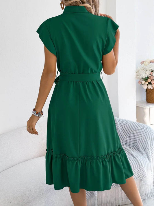 Collared Tie-waist Ruffle-hem Midi Dress - MARIGOLD