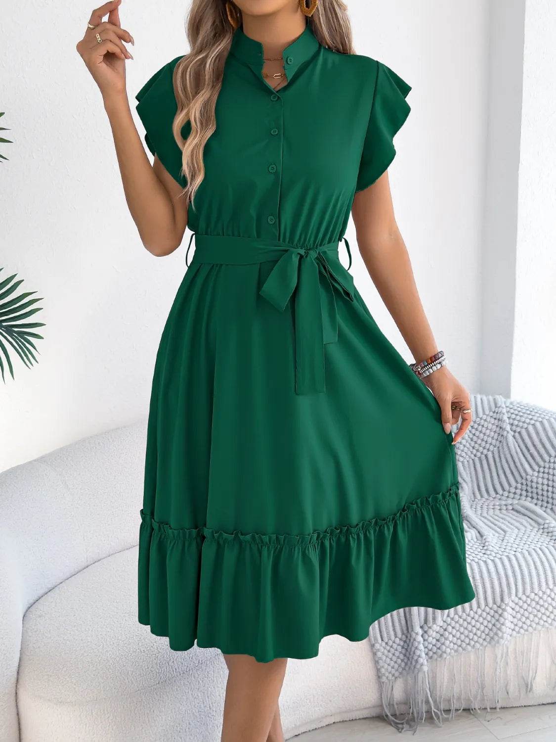 Collared Tie-waist Ruffle-hem Midi Dress - MARIGOLD