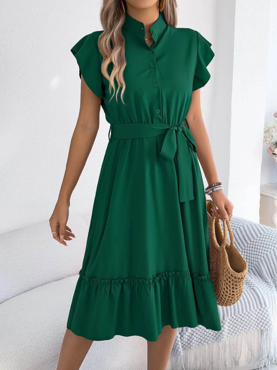 Collared Tie-waist Ruffle-hem Midi Dress - MARIGOLD
