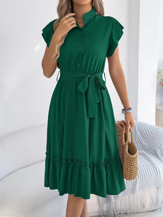 Collared Tie-waist Ruffle-hem Midi Dress - MARIGOLD