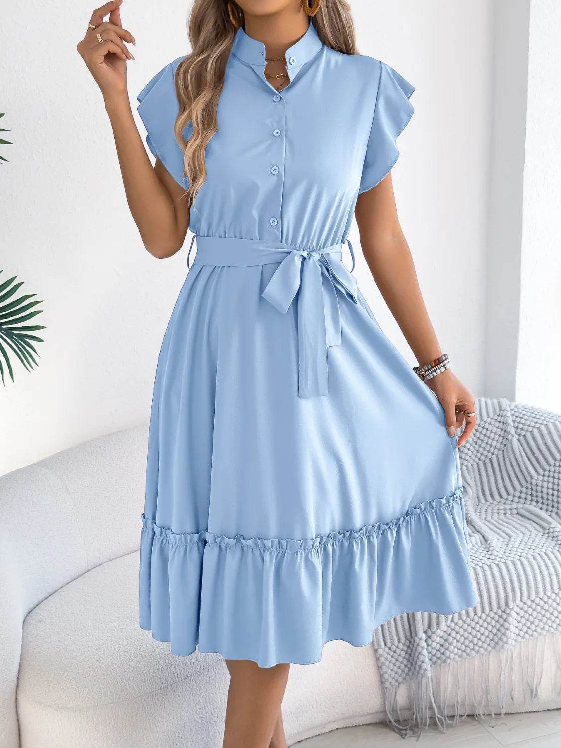 Collared Tie-waist Ruffle-hem Midi Dress - MARIGOLD