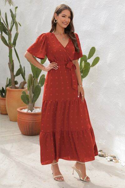 Swiss Dot Tied Surplice Short Sleeve Dress - MARIGOLD