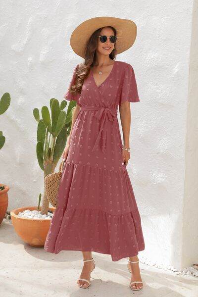Swiss Dot Tied Surplice Short Sleeve Dress - MARIGOLD
