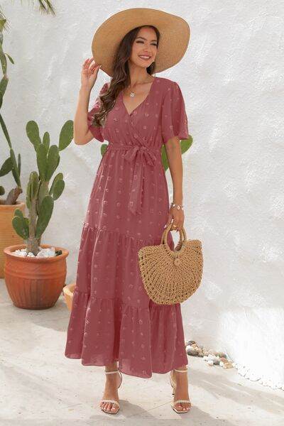 Swiss Dot Tied Surplice Short Sleeve Dress - MARIGOLD