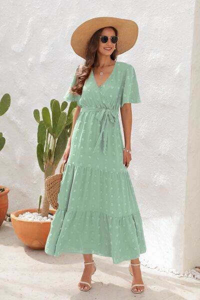Swiss Dot Tied Surplice Short Sleeve Dress - MARIGOLD