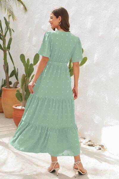 Swiss Dot Tied Surplice Short Sleeve Dress - MARIGOLD