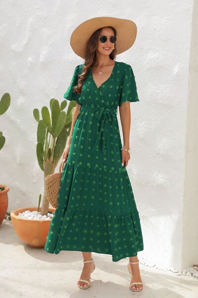 Swiss Dot Tied Surplice Short Sleeve Dress - MARIGOLD