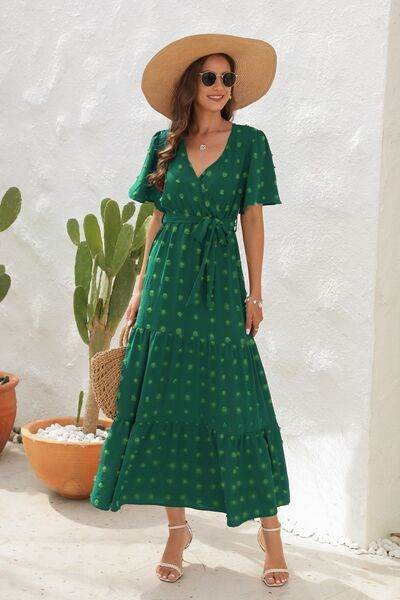 Swiss Dot Tied Surplice Short Sleeve Dress - MARIGOLD