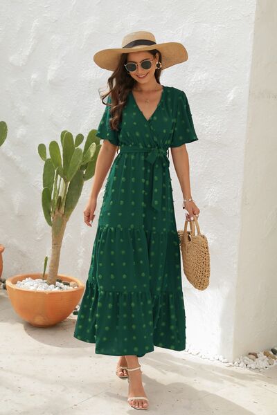 Swiss Dot Tied Surplice Short Sleeve Dress - MARIGOLD