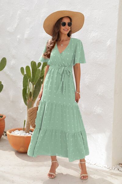 Swiss Dot Tied Surplice Short Sleeve Dress - MARIGOLD