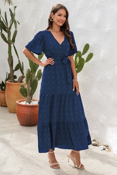 Swiss Dot Tied Surplice Short Sleeve Dress - MARIGOLD