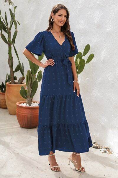 Swiss Dot Tied Surplice Short Sleeve Dress - MARIGOLD
