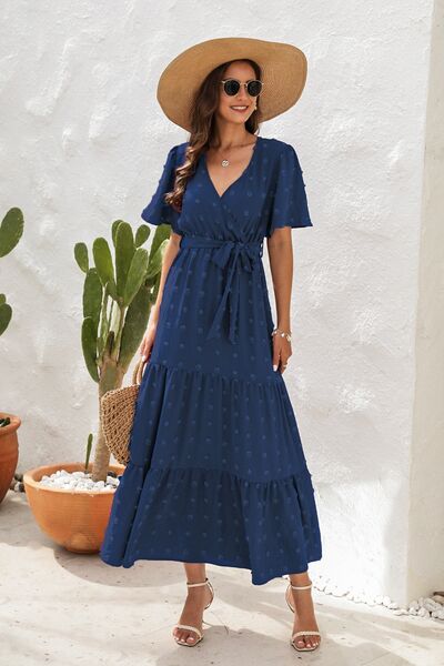 Swiss Dot Tied Surplice Short Sleeve Dress - MARIGOLD