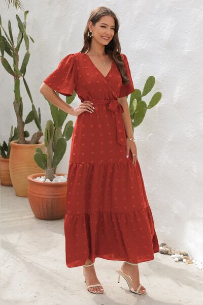 Swiss Dot Tied Surplice Short Sleeve Dress - MARIGOLD